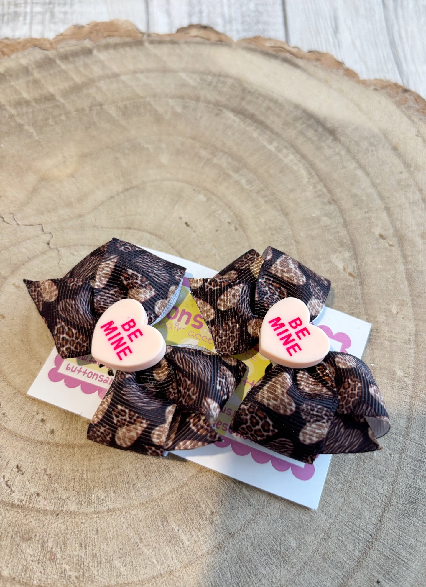“Be Mine” Leopard Heart Bow Hair Clips – Set of 2