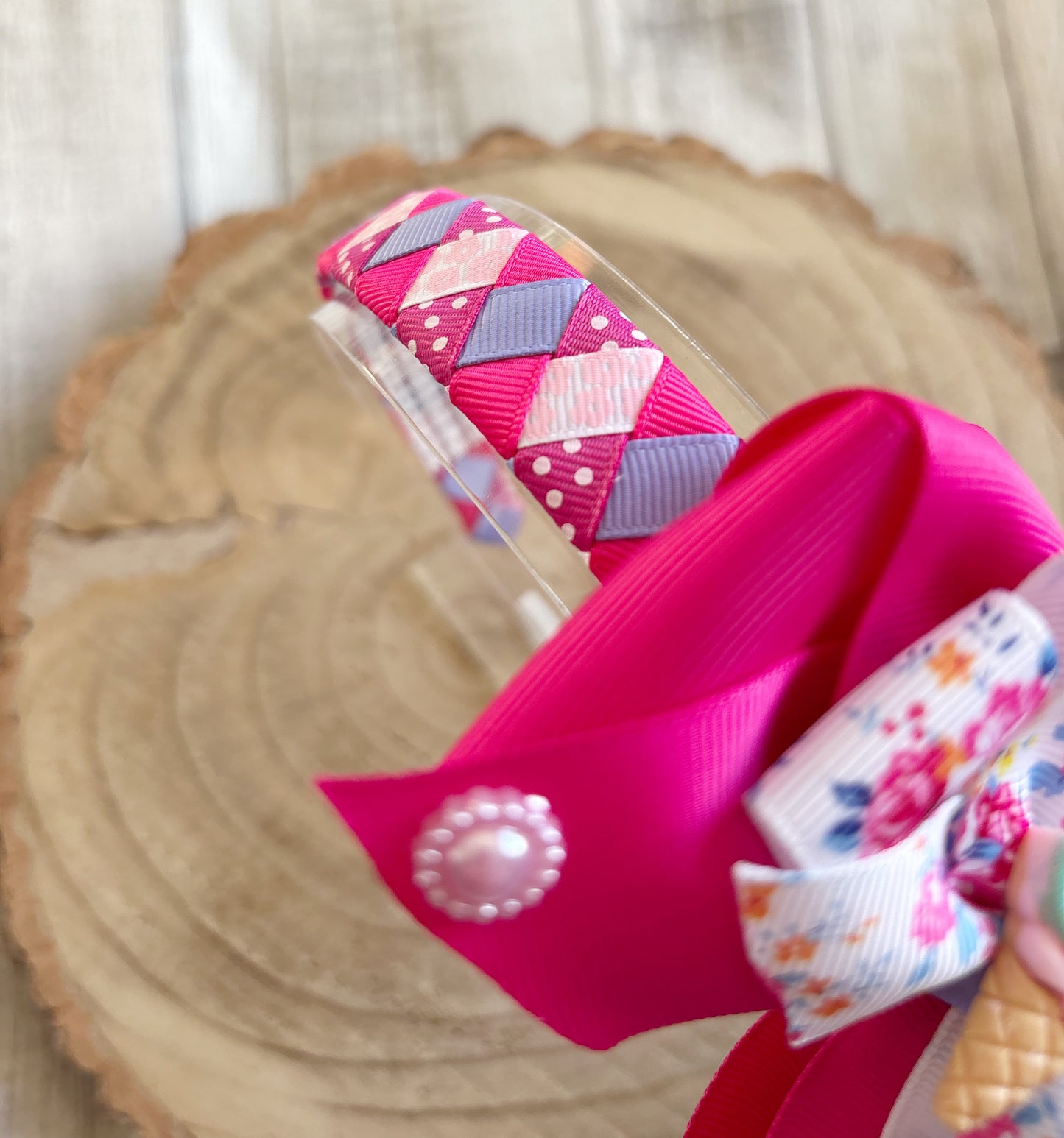 Pink Floral Ice Cream Bow Hairband – Handmade with Non-Slip Grip