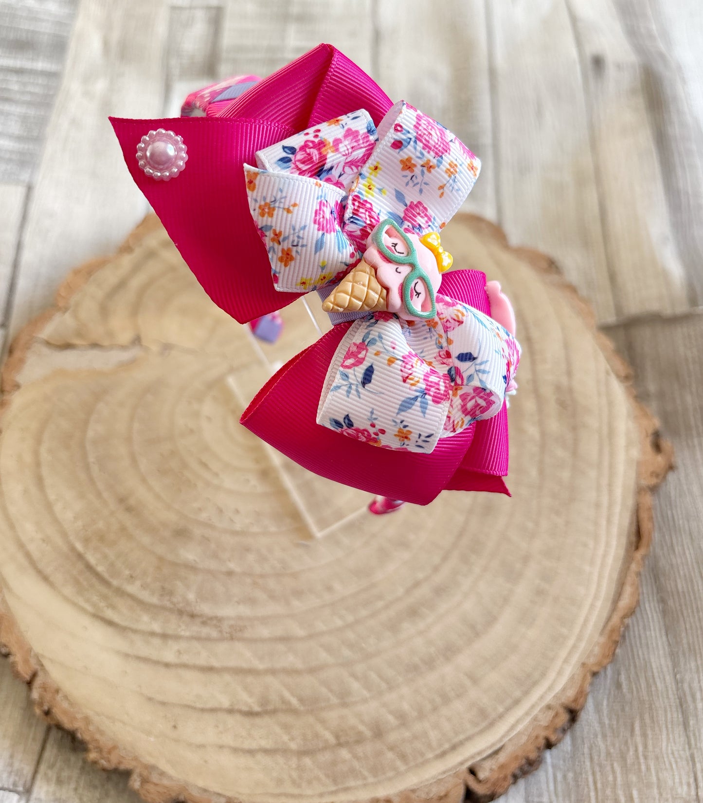 Pink Floral Ice Cream Bow Hairband – Handmade with Non-Slip Grip