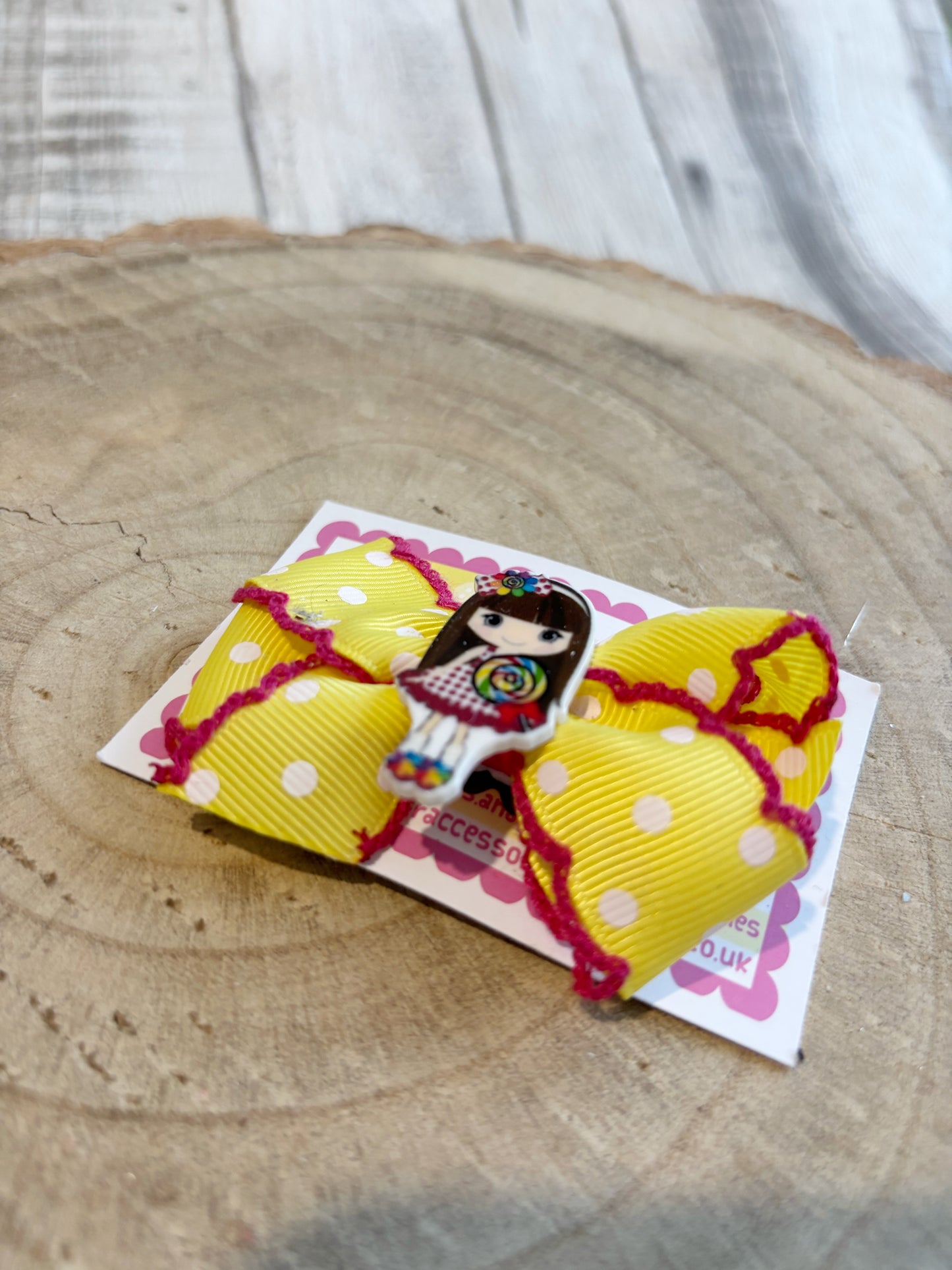 🎀 Yellow Polka Dot Bow Hair Clip with Cute Lollipop Girl 🎀