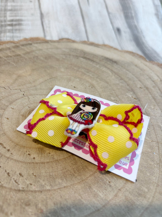 🎀 Yellow Polka Dot Bow Hair Clip with Cute Lollipop Girl 🎀