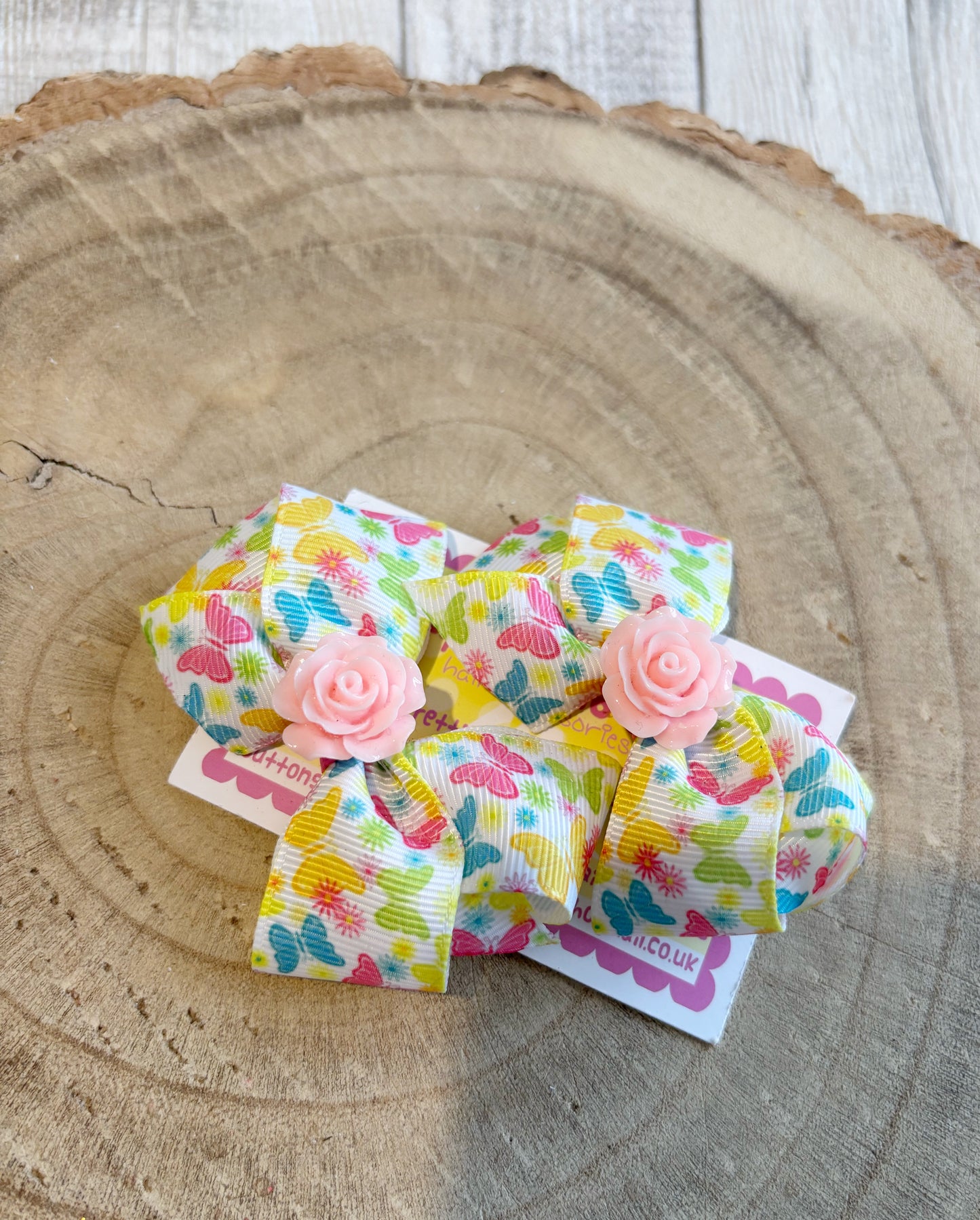 🎀 Butterfly Print Bow Hair Clip Set with Pink Rose Centre 🎀