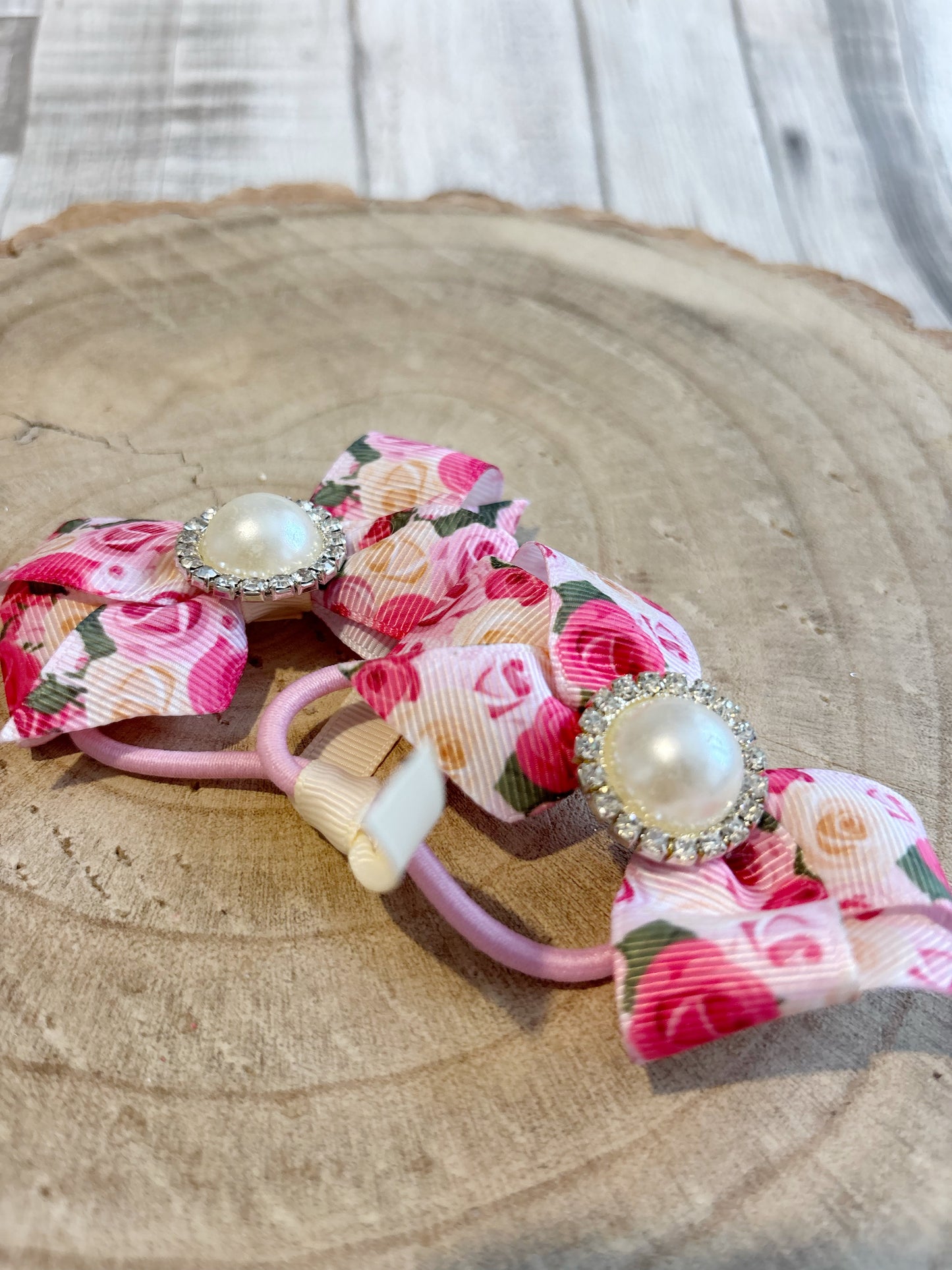 Pink Rose Pearl Bow Hair Bobbles – Handmade Pair