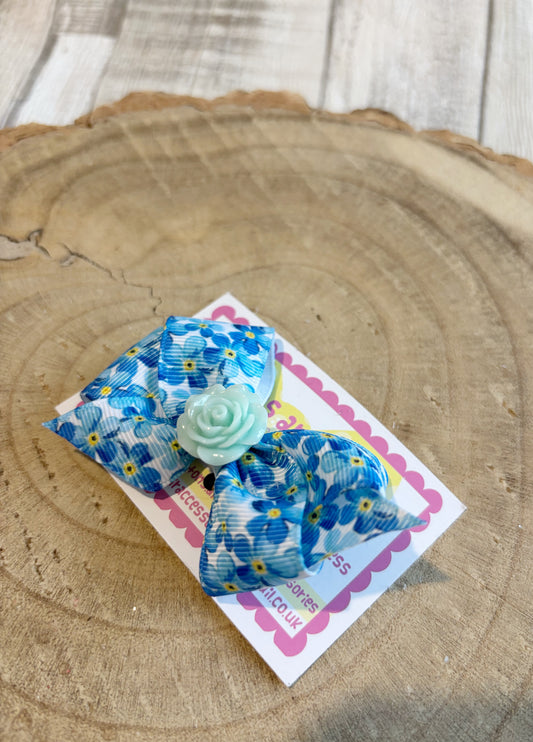 Blue Floral Bow Hair Clip with Rose Centre – Single Clip