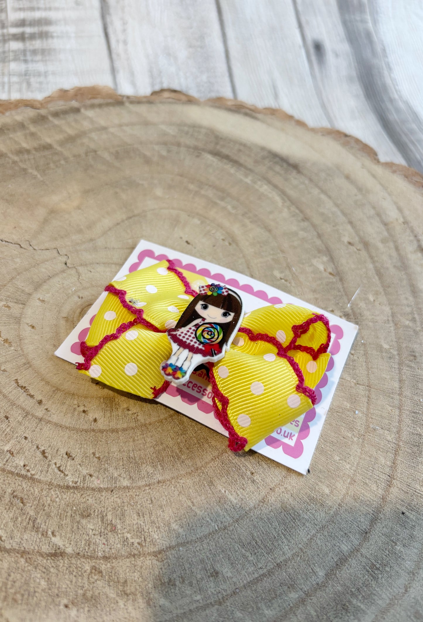 🎀 Yellow Polka Dot Bow Hair Clip with Cute Lollipop Girl 🎀