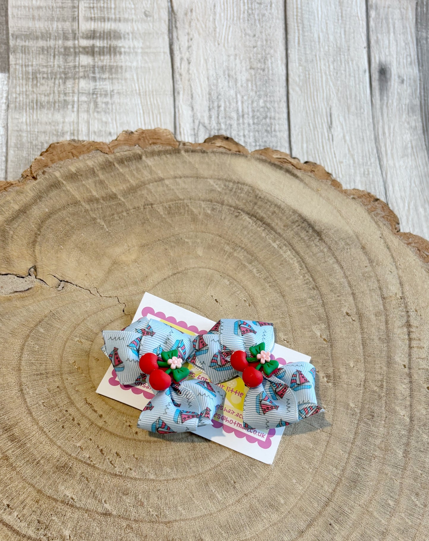 🎀 Blue Boat Print Bow Hair Clip Set with Cherry Centre 🎀