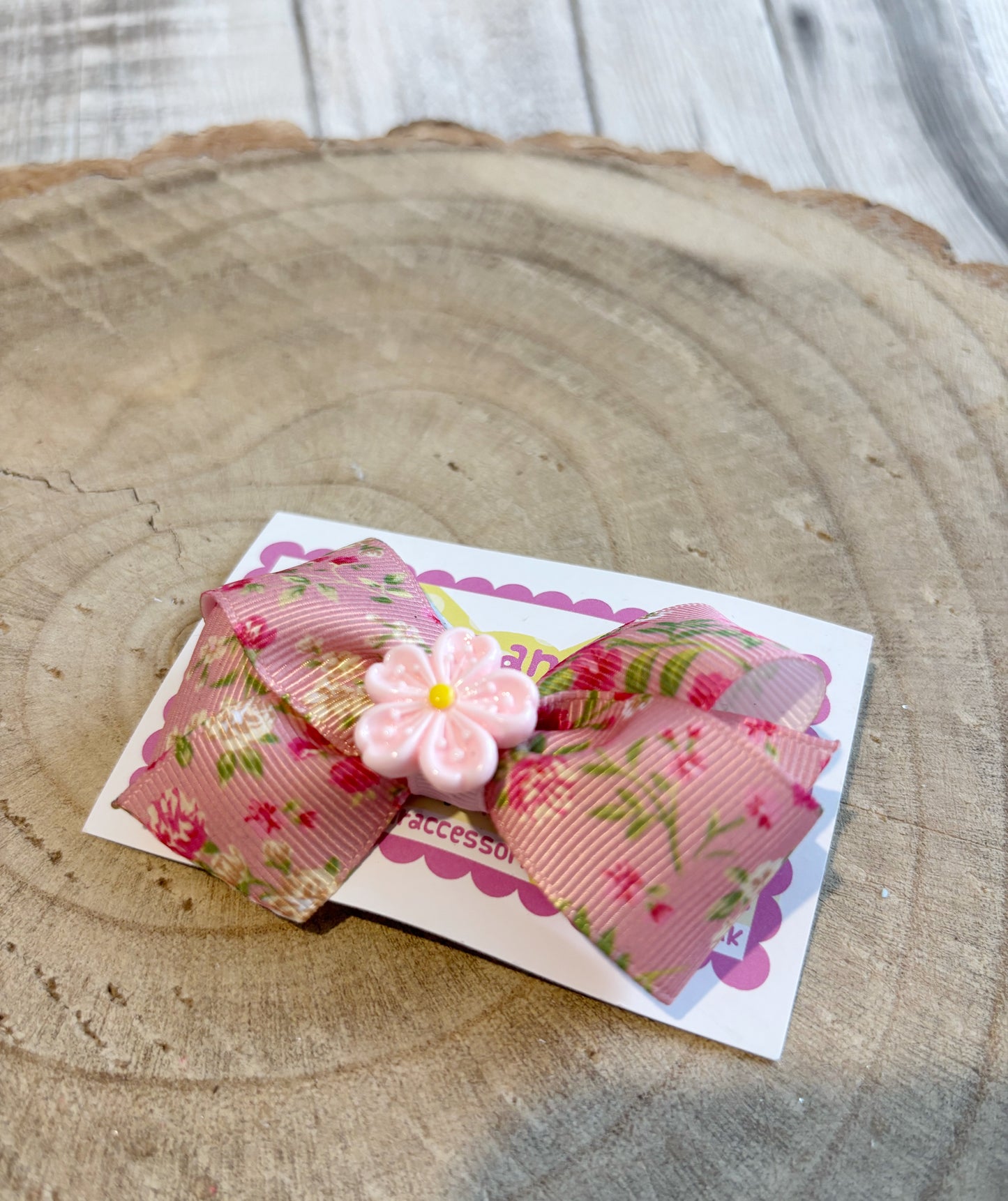 Pink Floral Bow Hair Clip with Flower Centre