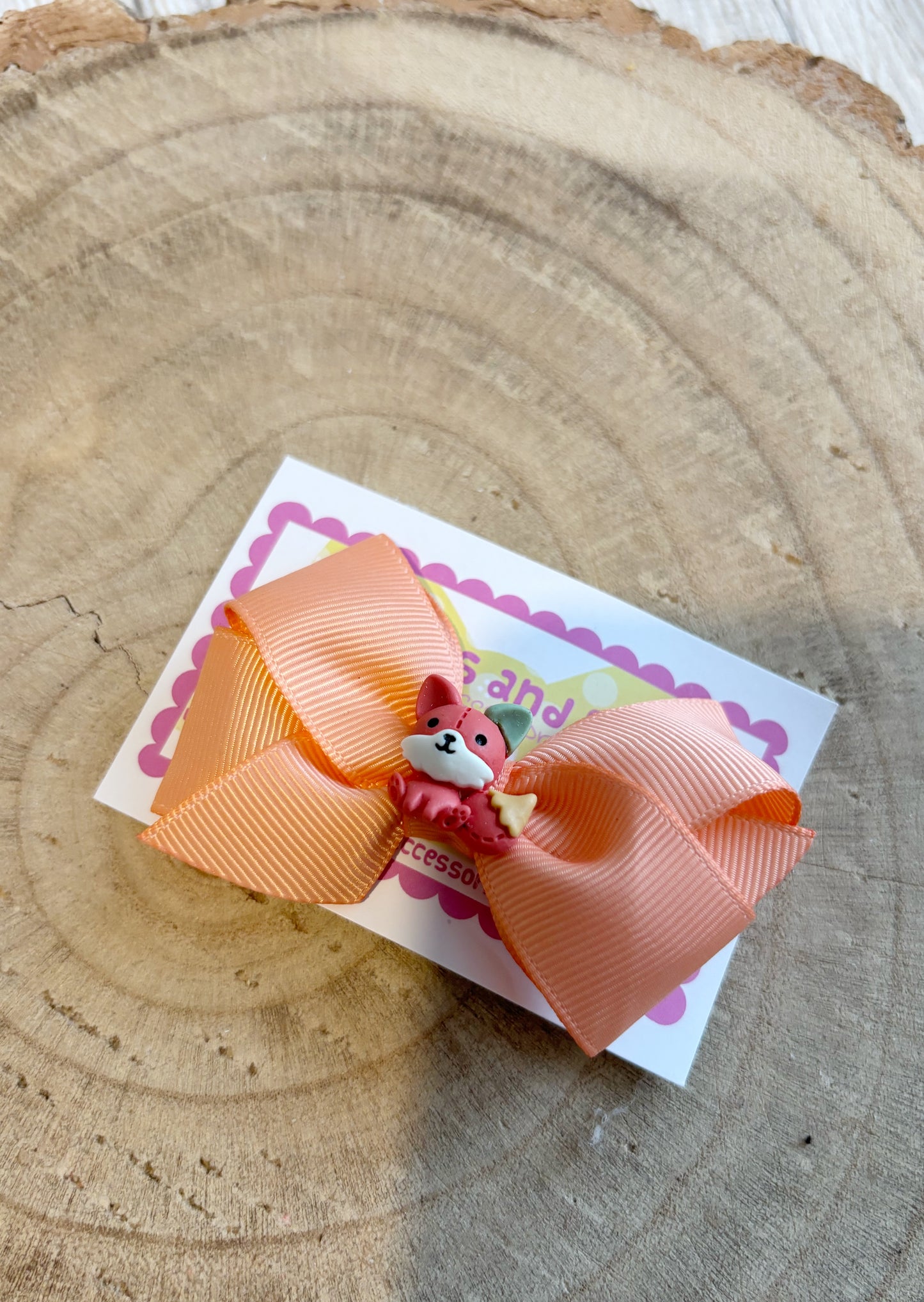 🎀 Peach Bow Hair Clip with Cute Fox Centre 🎀