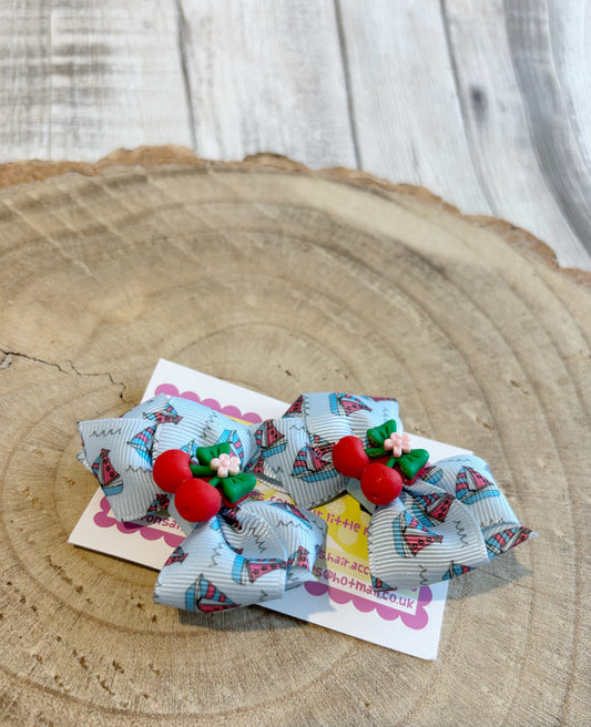 🎀 Blue Boat Print Bow Hair Clip Set with Cherry Centre 🎀