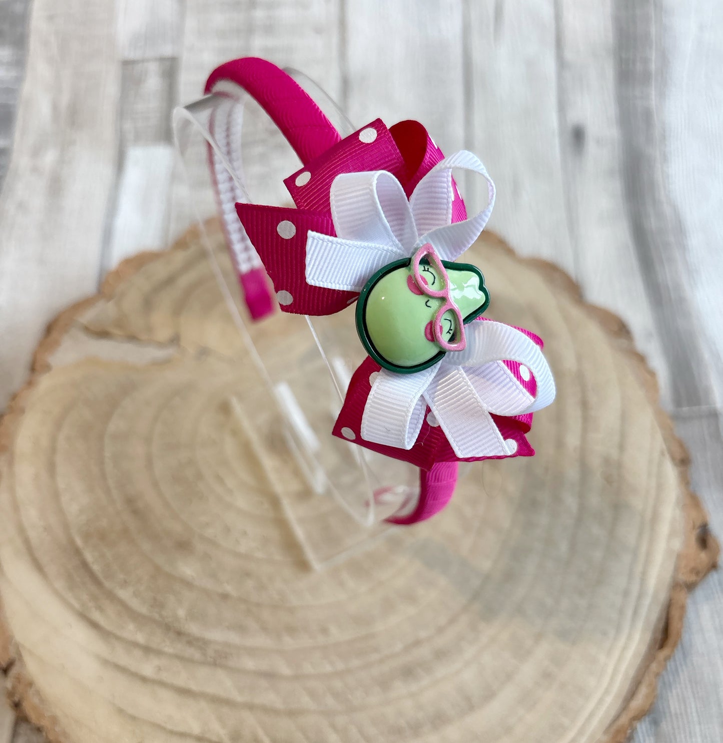 🥑✨ Avocado Bow Headband – Pink & White Polka Dot ✨🥑