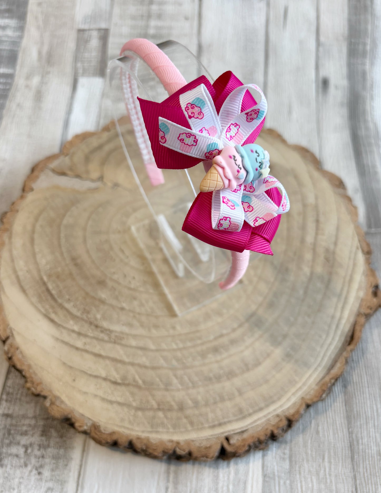 🎀🧁 Cute Ice Cream Bow Headband – Pink & Cupcake Print 🧁🎀