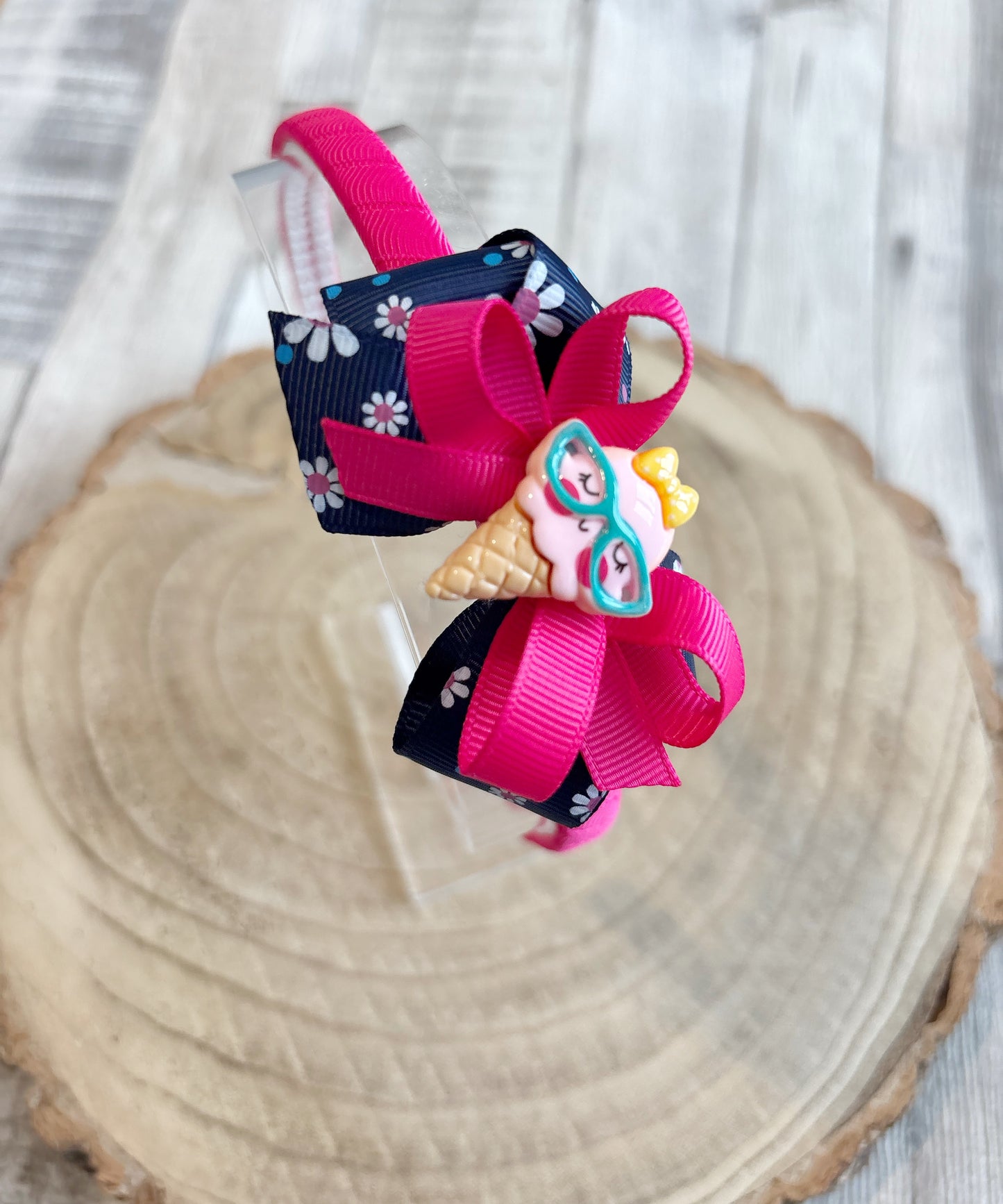 🍦✨ Ice Cream Bow Headband – Pink & Navy ✨🍦