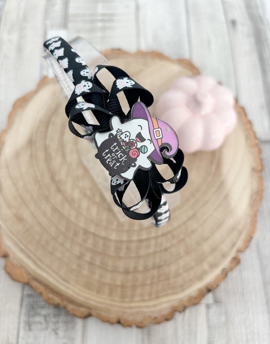 Black ghost trick or treat Halloween thin hairband handmade by Buttons and Bows