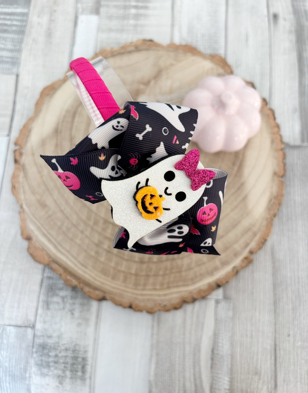 Black and pink ghost Halloween thin hairband handmade by Buttons and Bows