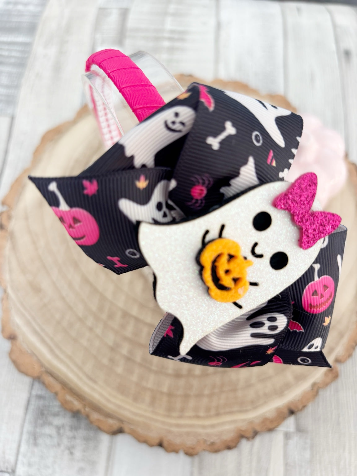 Black and pink ghost Halloween thin hairband handmade by Buttons and Bows
