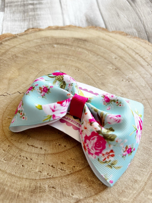 Blue and pink floral single handmade hair bow by Buttons and Bows