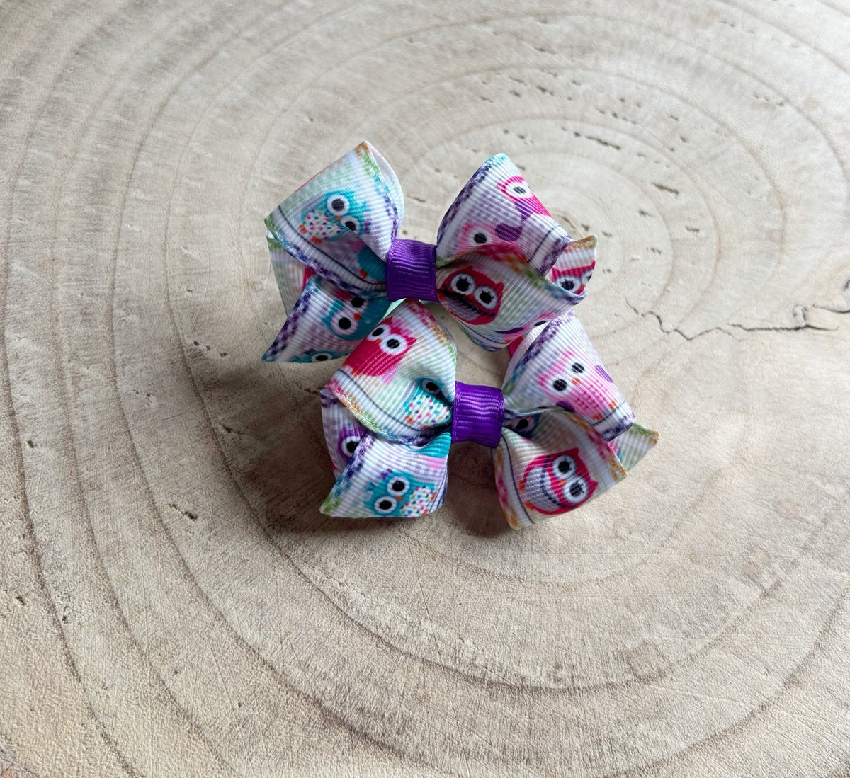 Colourful owl print bow hair bobbles pair