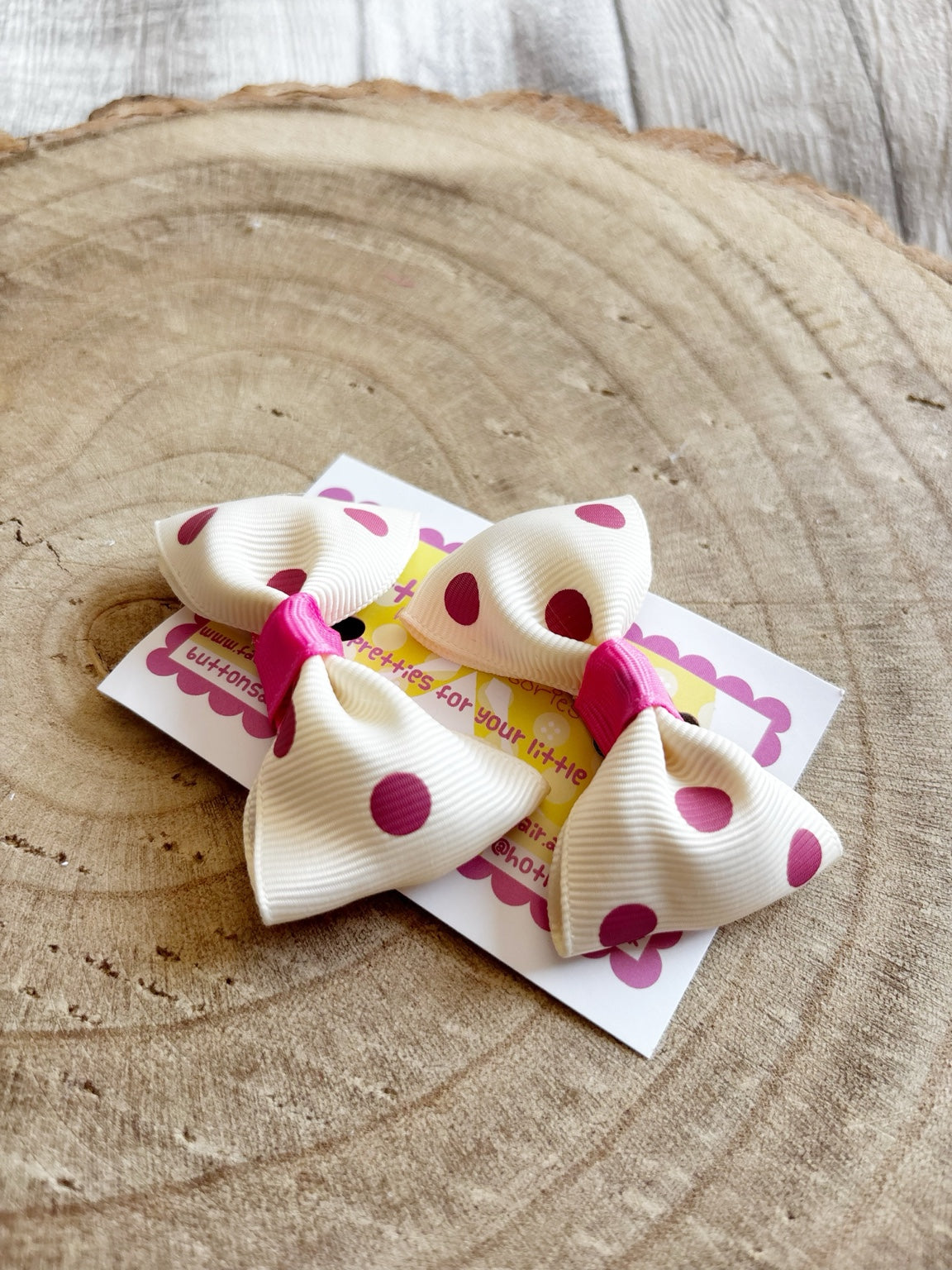 Cream and pink polka dot handmade bow set