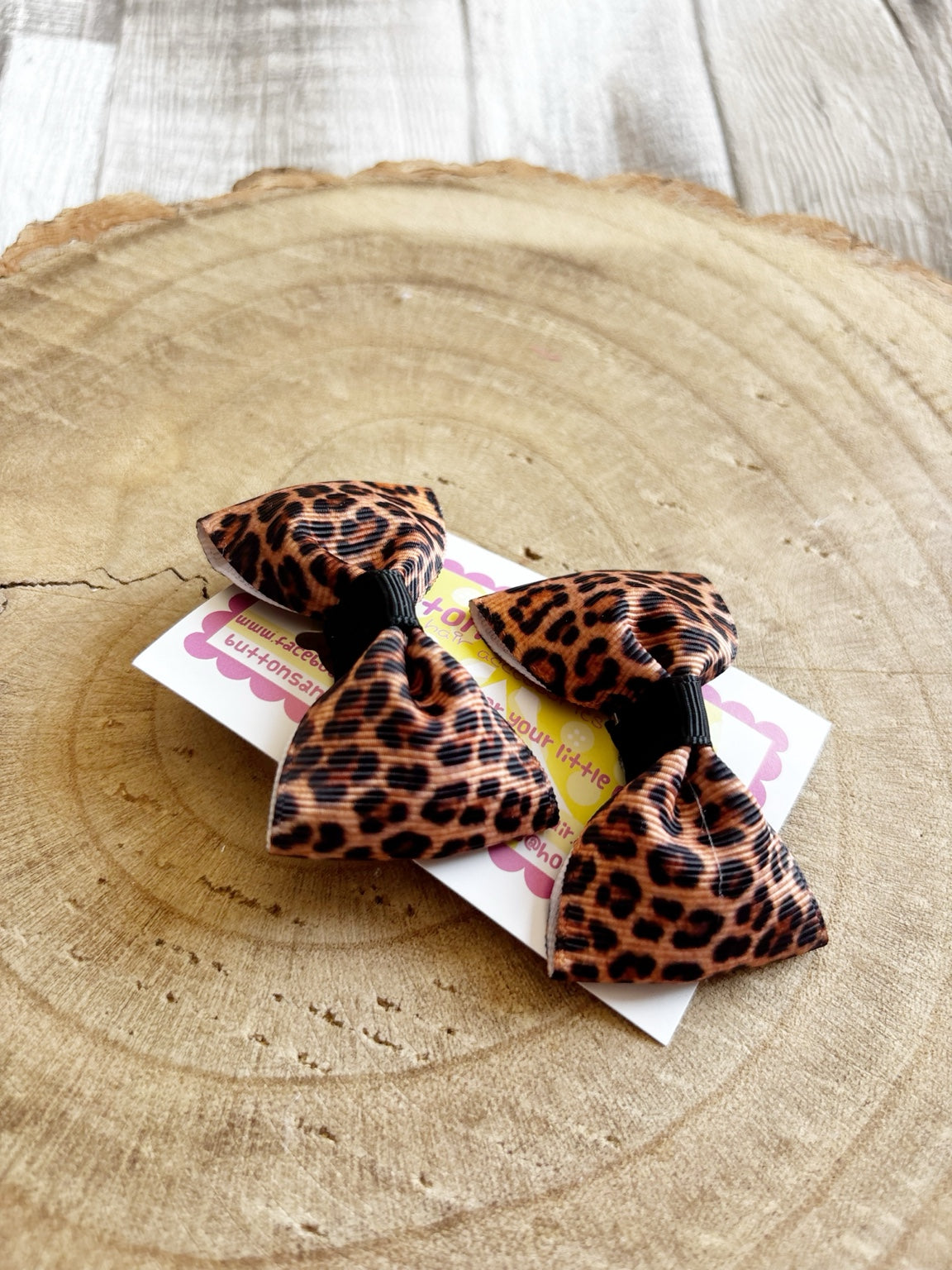 Leopard print handmade hair bow set by Buttons and Bows