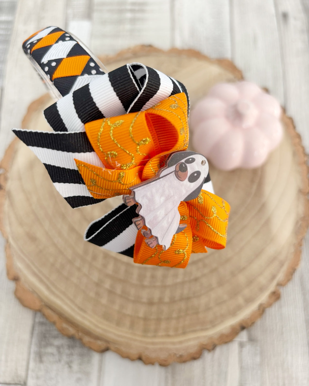 Orange black Halloween ghost wide hairband handmade by Buttons and Bows