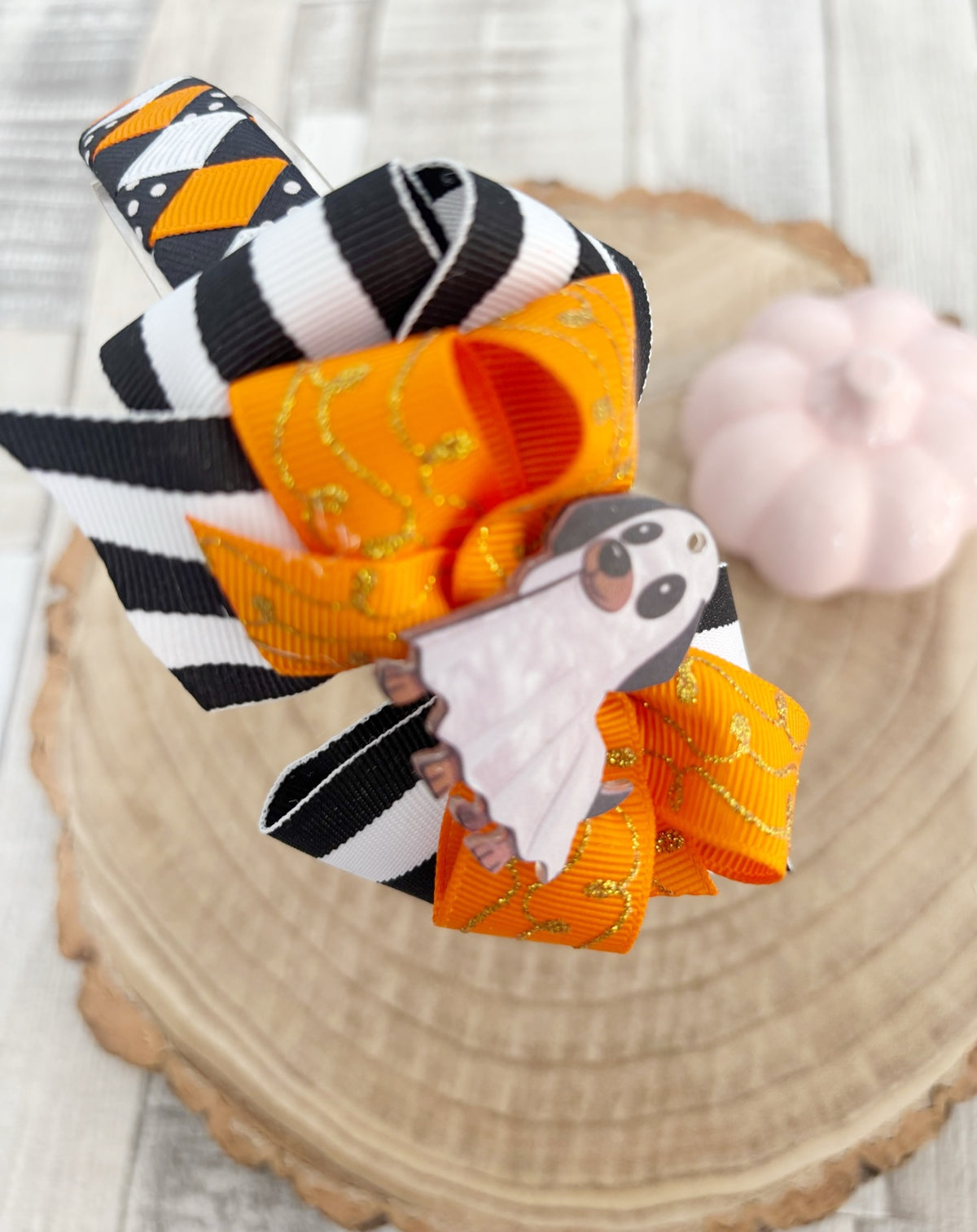 Orange black Halloween ghost wide hairband handmade by Buttons and Bows