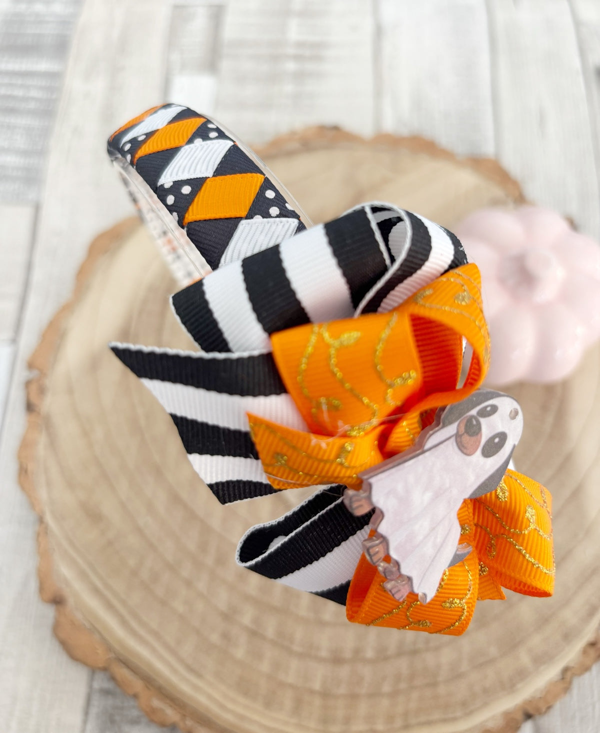 Orange black Halloween ghost wide hairband handmade by Buttons and Bows