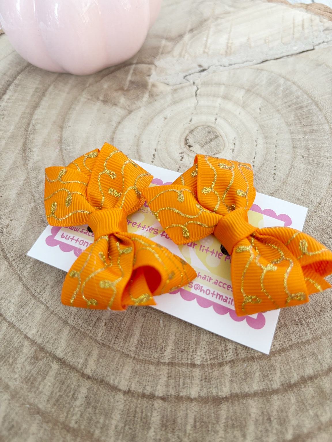 Orange and gold Halloween bow set handmade by Buttons and Bows view 3