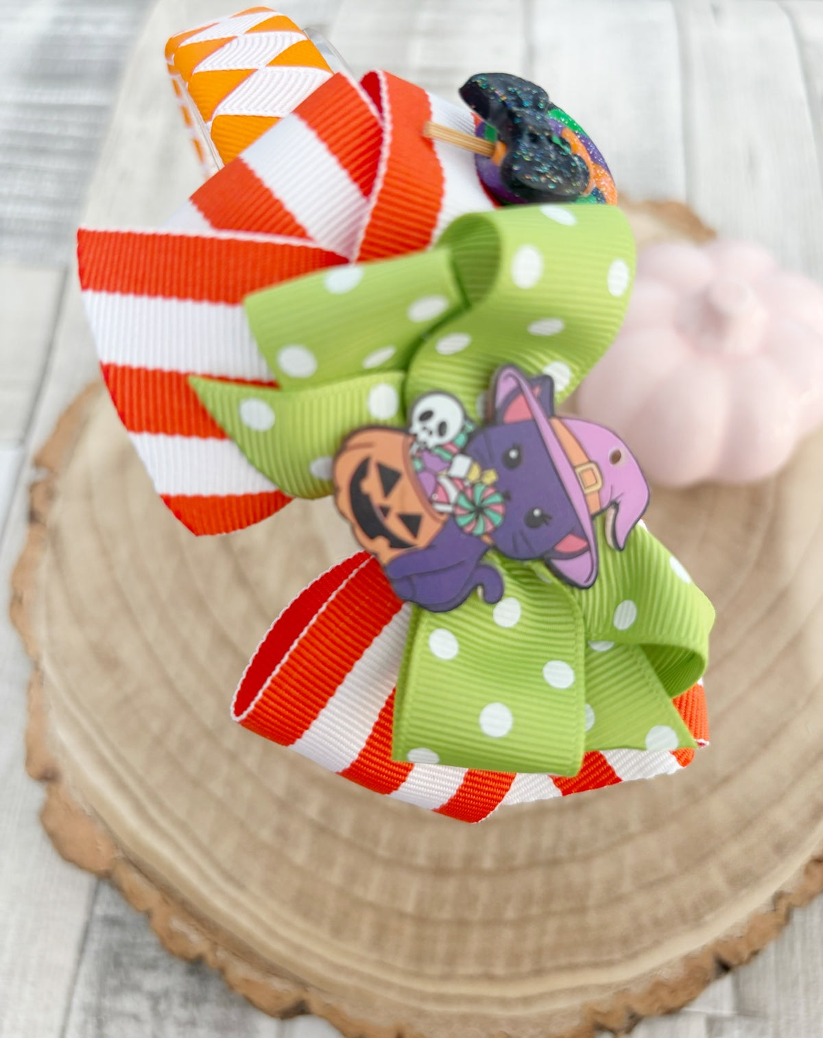 Orange green Halloween wide hairband handmade by Buttons and Bows