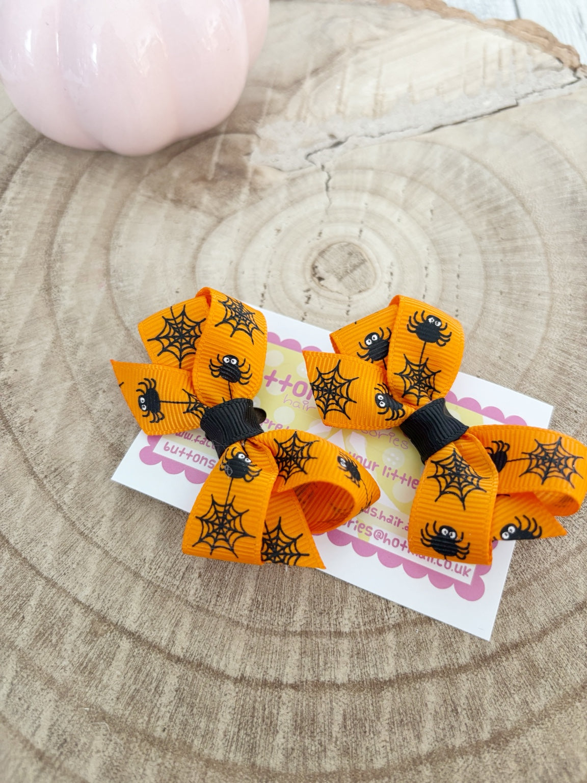 Orange spider and web Halloween bow set handmade by Buttons and Bows view 2