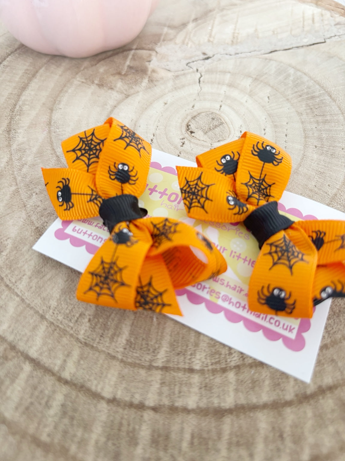 Orange spider and web Halloween bow set handmade by Buttons and Bows view 3