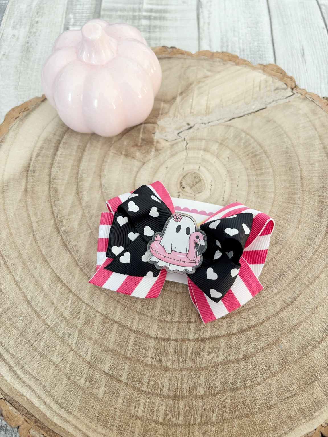 Pink black and white Halloween ghost single bow handmade by Buttons and Bows