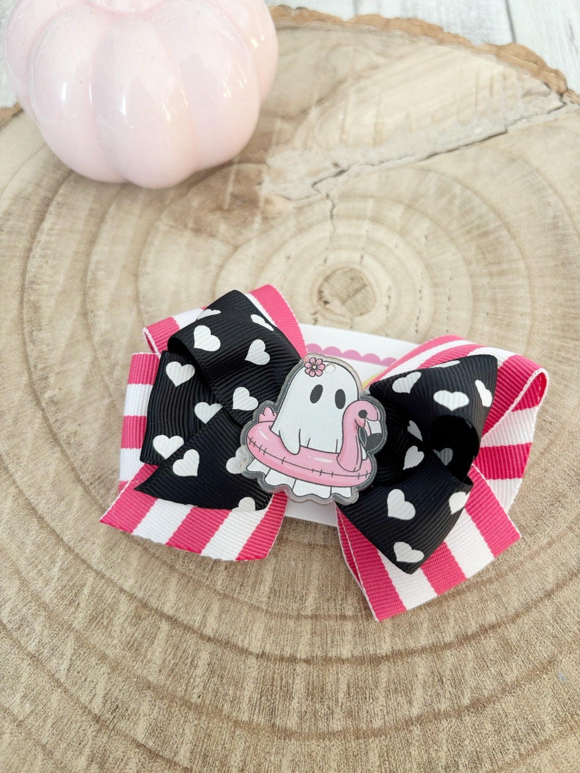 Pink black and white Halloween ghost single bow handmade by Buttons and Bows view 2