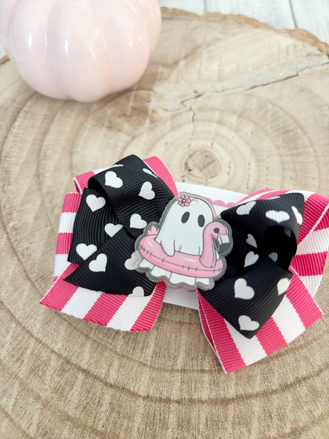 Pink black and white Halloween ghost single bow handmade by Buttons and Bows view 3