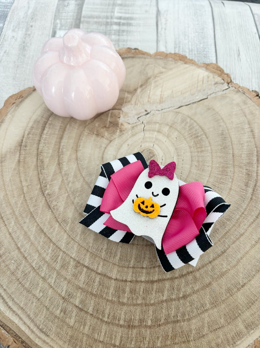 Pink and black striped Halloween ghost single bow handmade by Buttons and Bows