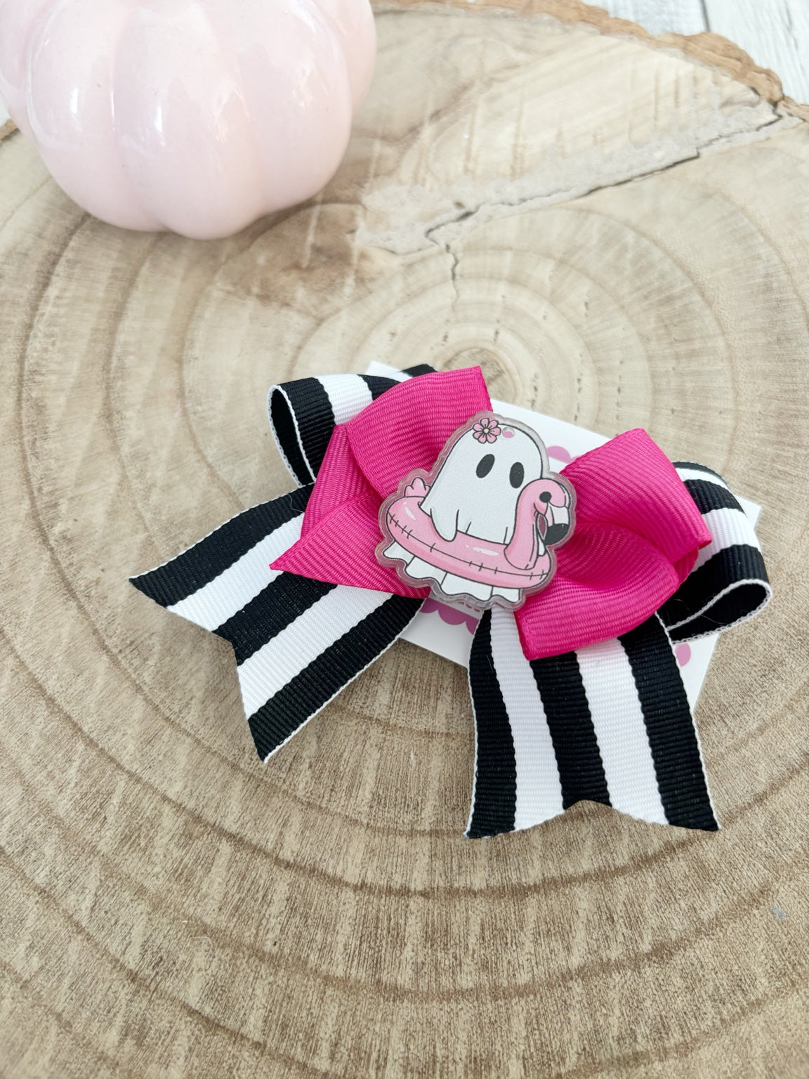 Pink, black and white Halloween ghost single bow handmade by Buttons and Bows