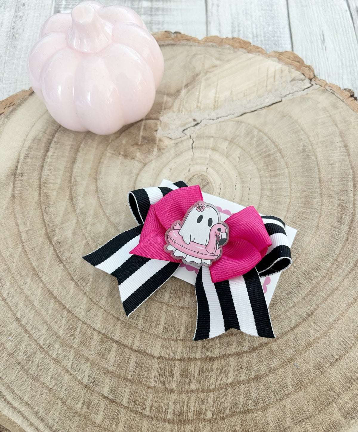 Pink, black and white Halloween ghost single bow handmade by Buttons and Bows view 2
