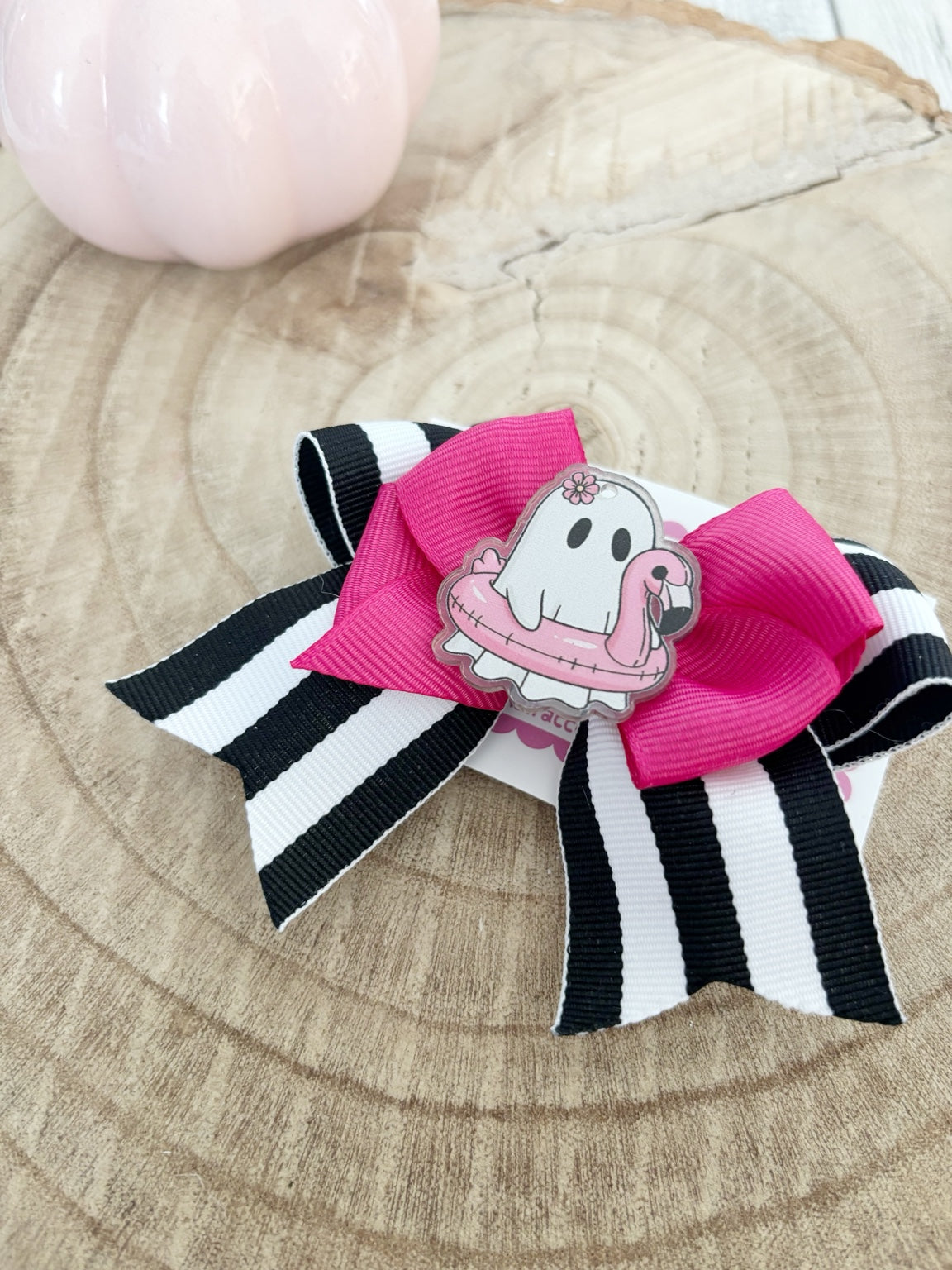 Pink, black and white Halloween ghost single bow handmade by Buttons and Bows view 3