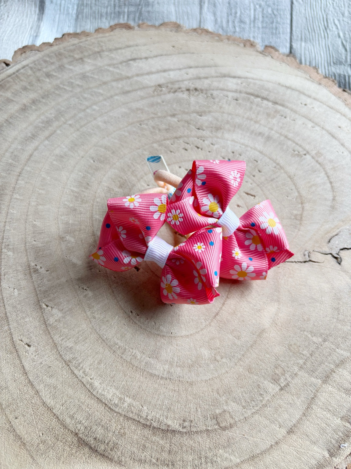 Pink daisy print bow hair bobbles pair