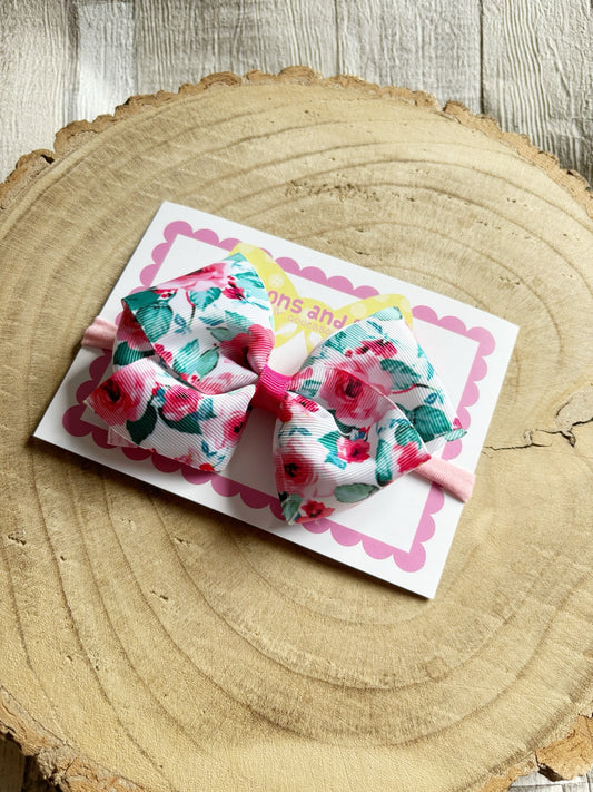 Pink floral handmade baby bow headband