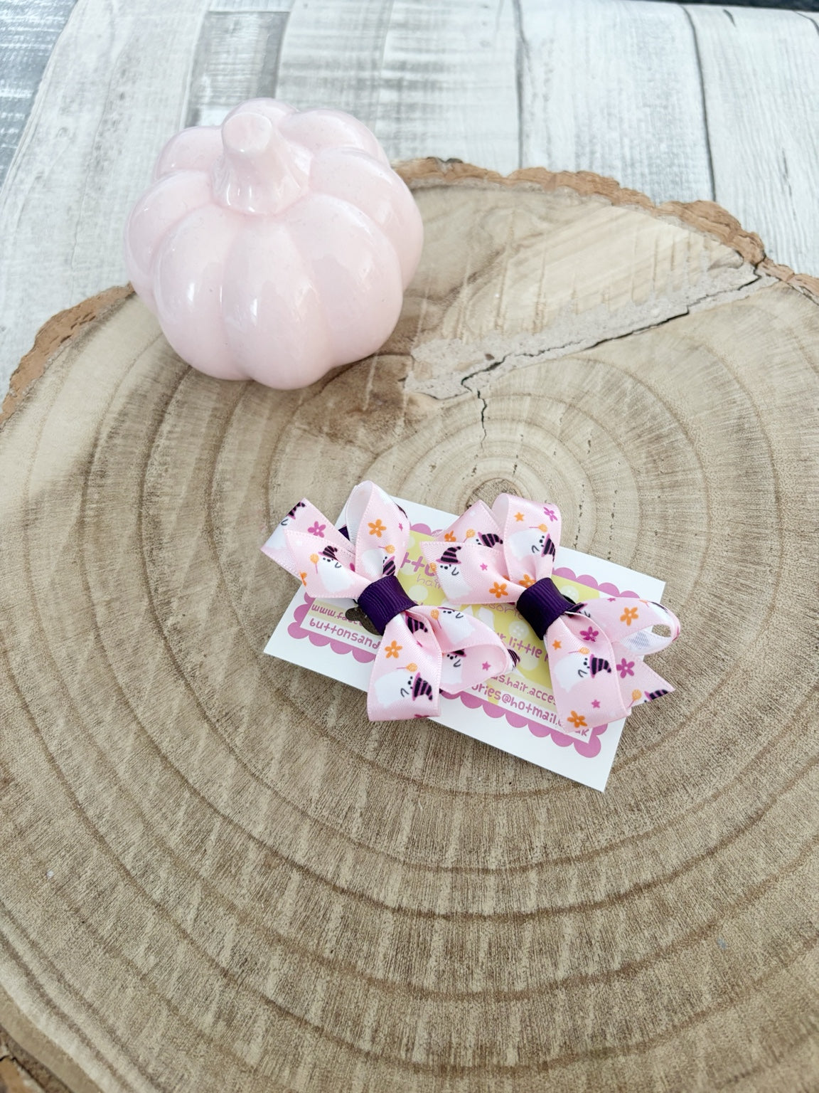 Pink ghost Halloween bow set handmade by Buttons and Bows