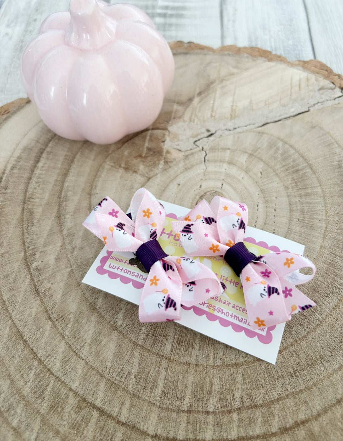 Pink ghost Halloween bow set handmade by Buttons and Bows view 2