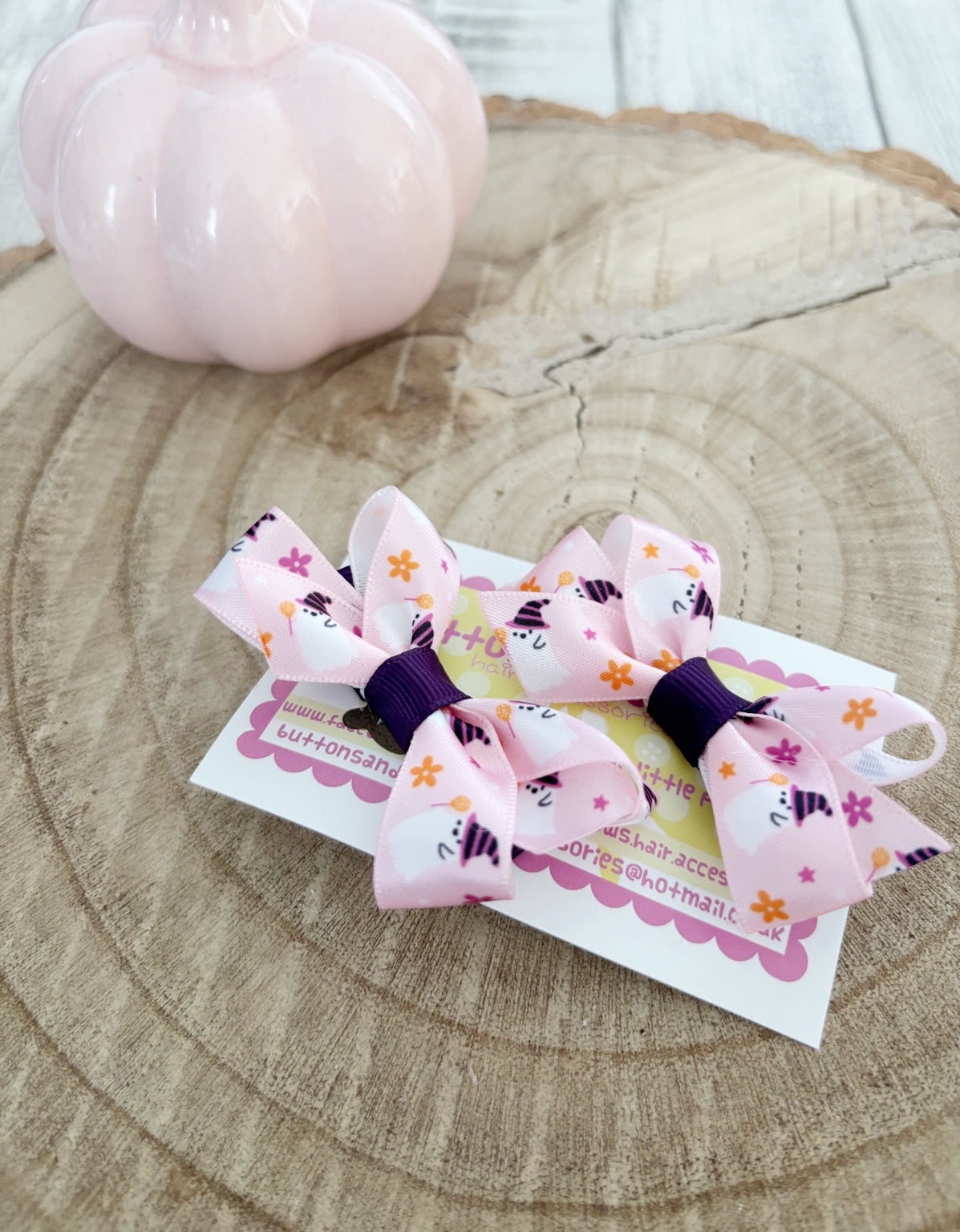 Pink ghost Halloween bow set handmade by Buttons and Bows view 3