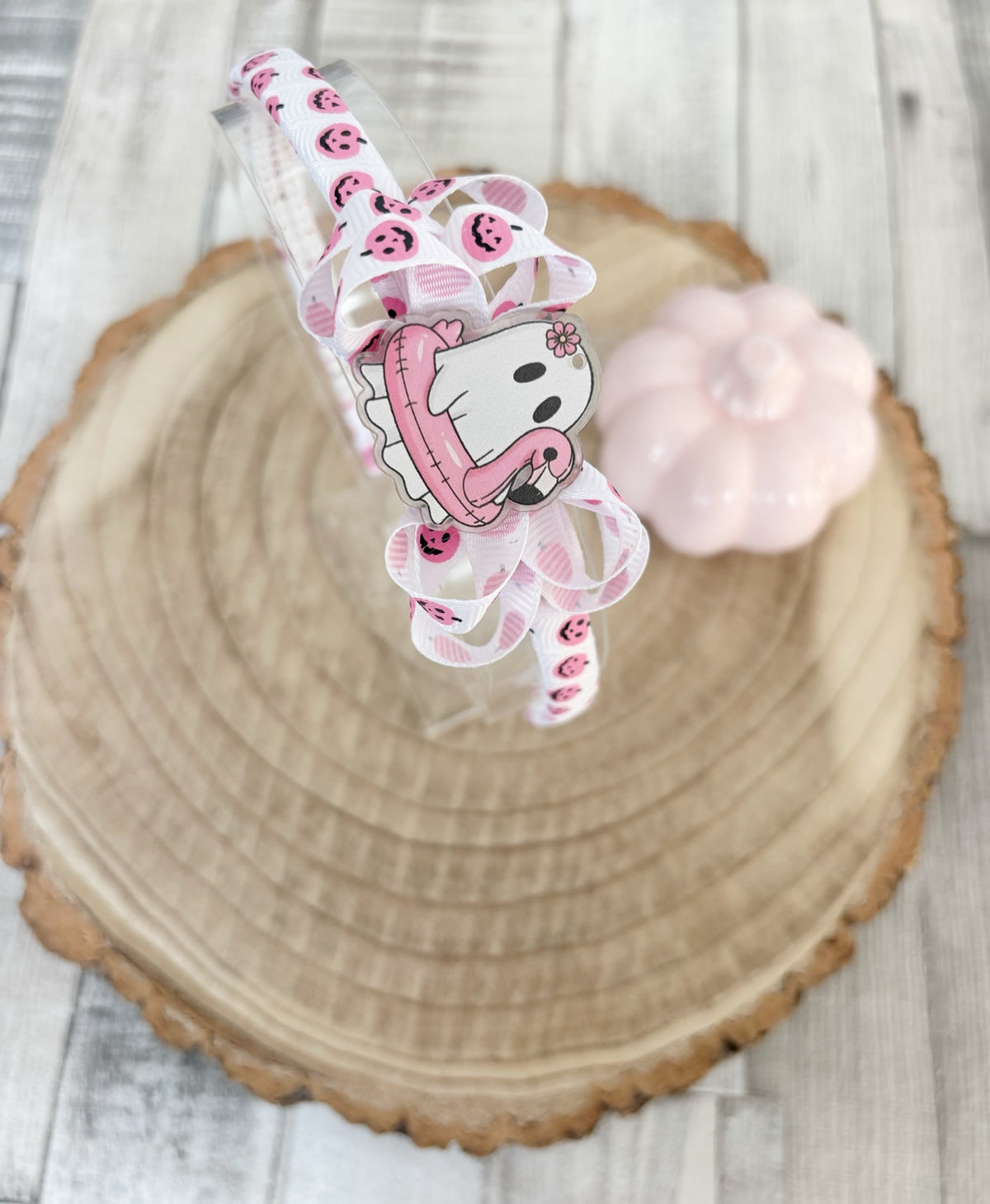 Pink pumpkin ghost thin hairband handmade by Buttons and Bows