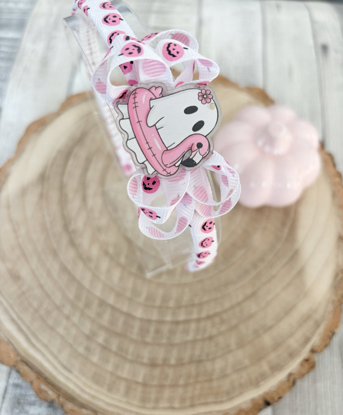 Pink pumpkin ghost thin hairband handmade by Buttons and Bows