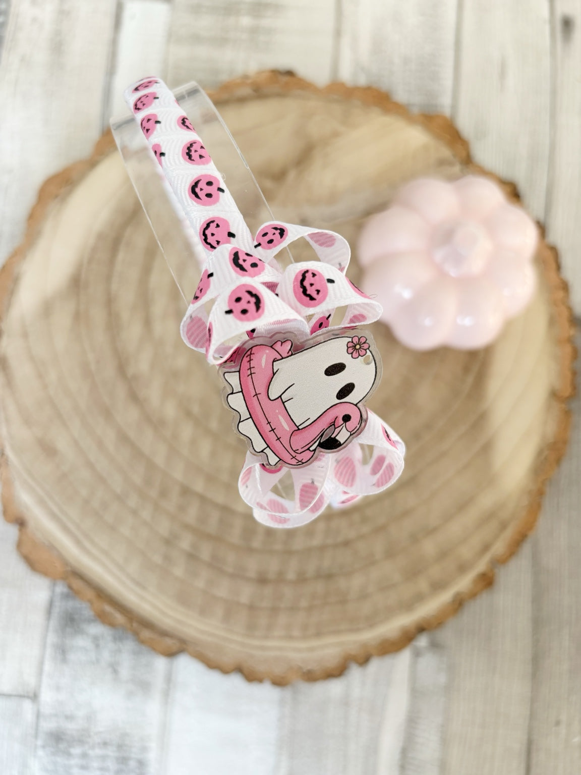 Pink pumpkin ghost thin hairband handmade by Buttons and Bows