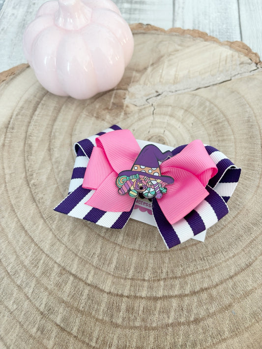Pink and purple Halloween witch bow handmade by Buttons and Bows