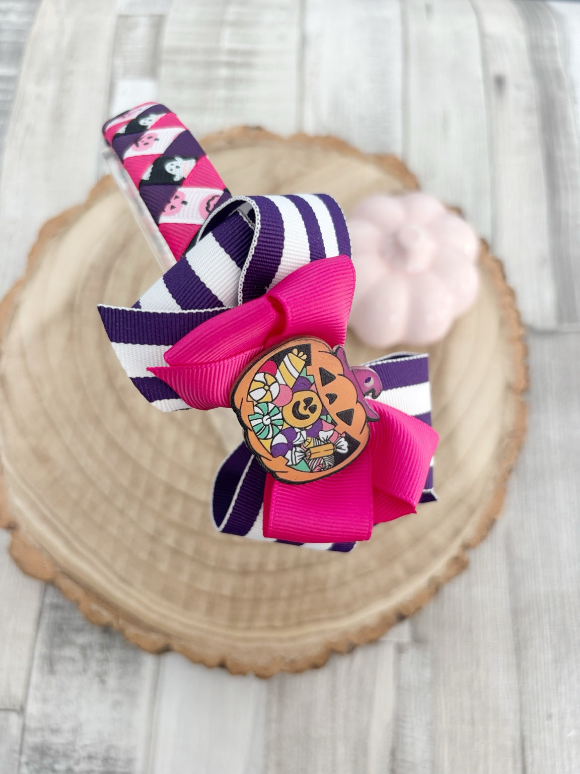 Pink purple Halloween pumpkin candy wide hairband handmade by Buttons and Bows