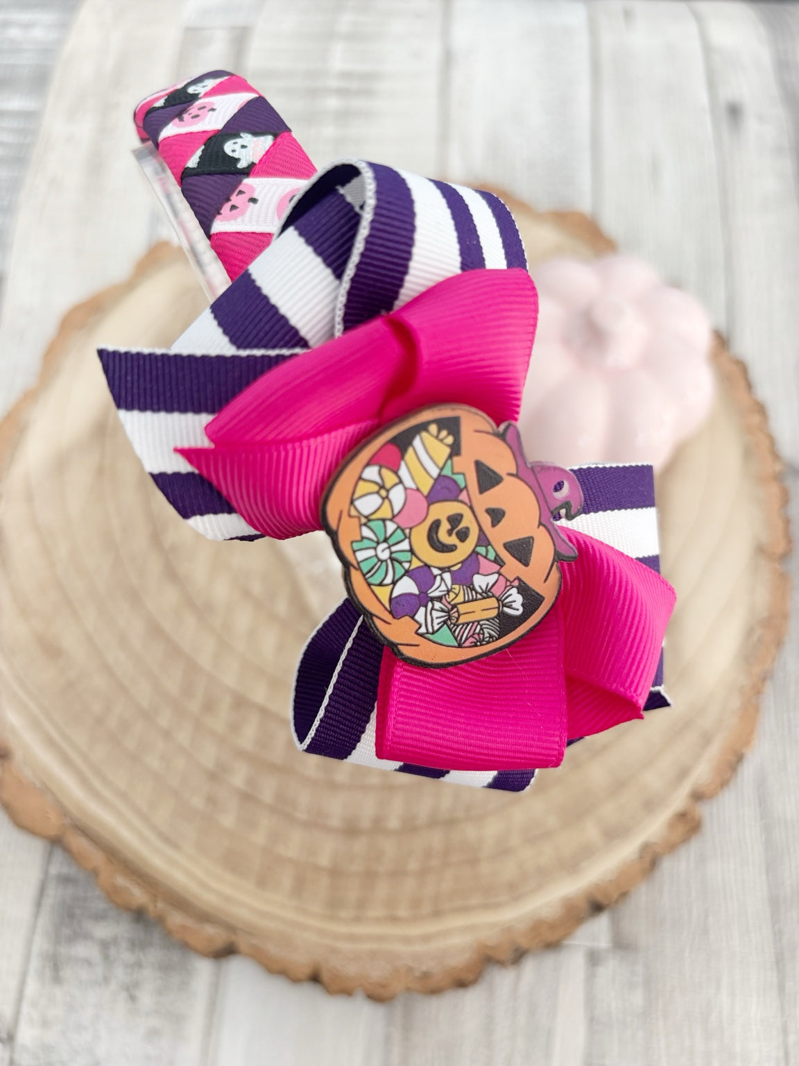 Pink purple Halloween pumpkin candy wide hairband handmade by Buttons and Bows view 2
