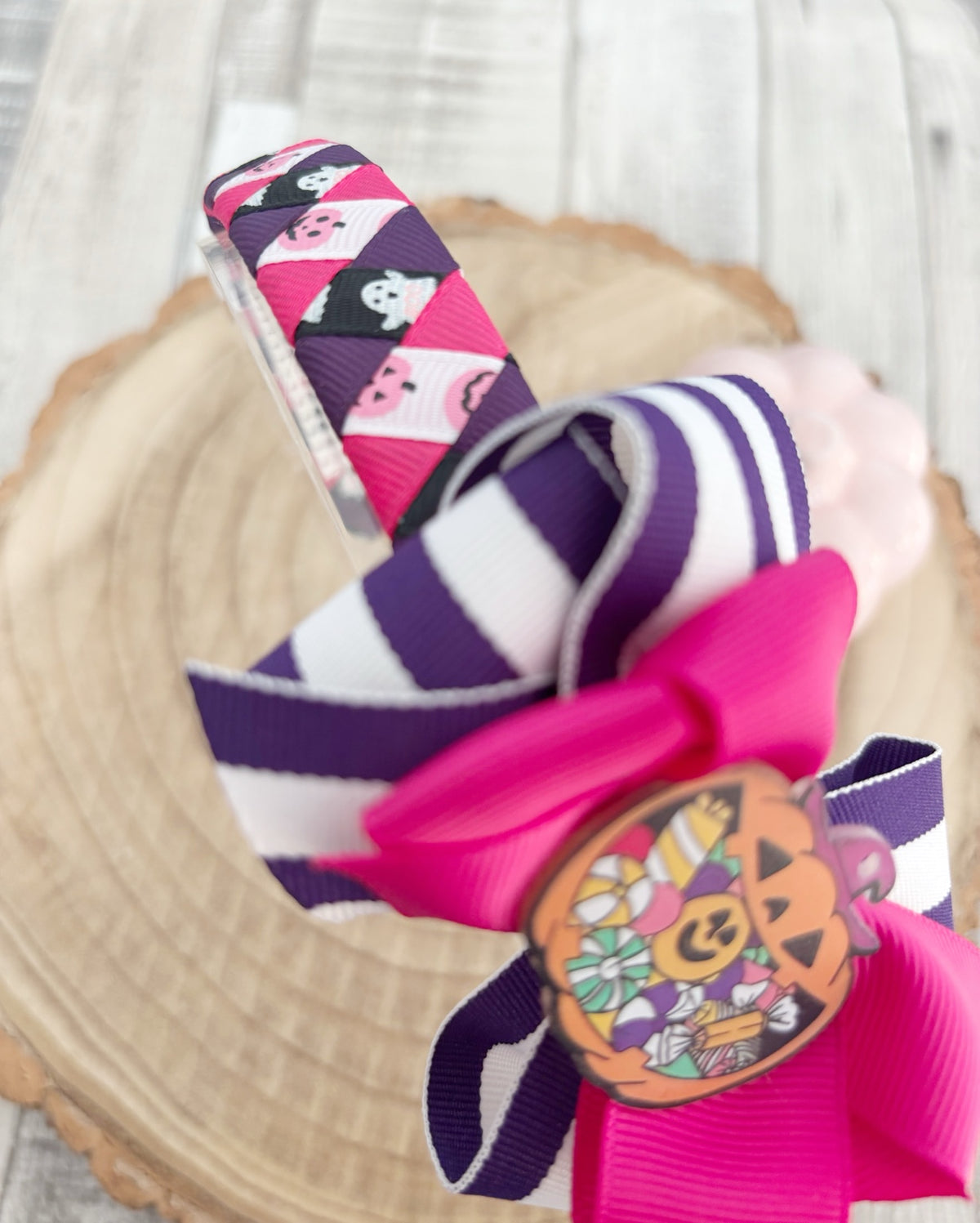 Pink purple Halloween pumpkin candy wide hairband handmade by Buttons and Bows view 3