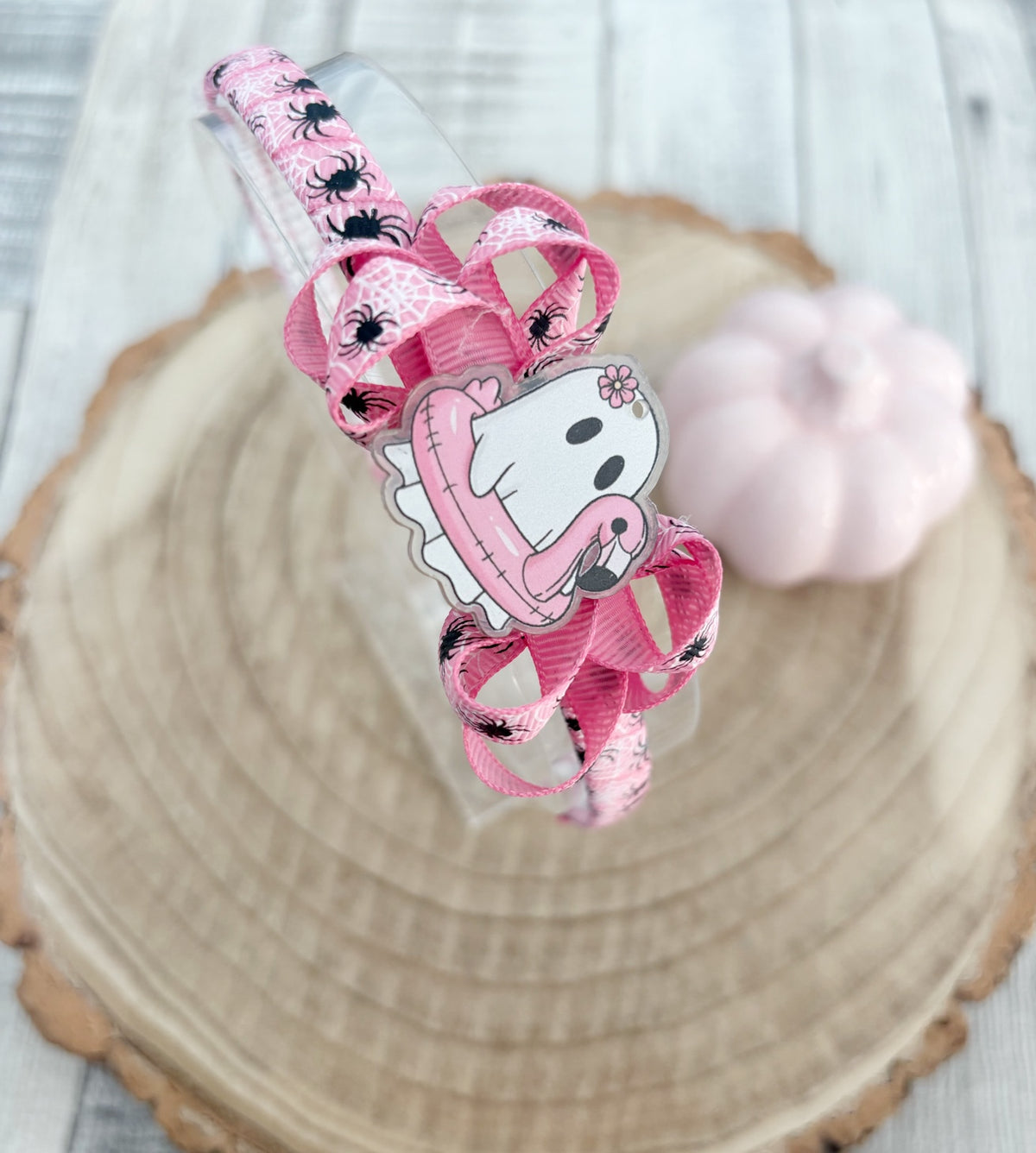 Pink spider Halloween thin hairband handmade by Buttons and Bows